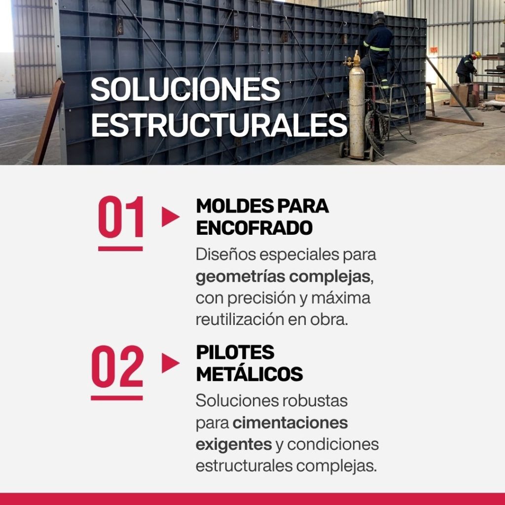 Muestra de fabricación en taller de moldes para encofrado y detalle de pilotes metálicos